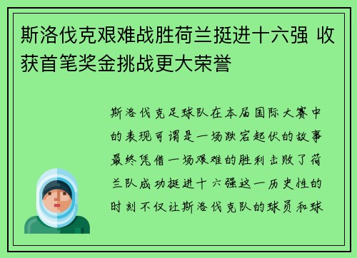 斯洛伐克艰难战胜荷兰挺进十六强 收获首笔奖金挑战更大荣誉