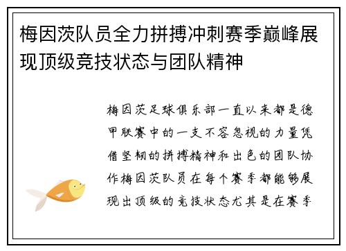 梅因茨队员全力拼搏冲刺赛季巅峰展现顶级竞技状态与团队精神