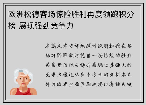 欧洲松德客场惊险胜利再度领跑积分榜 展现强劲竞争力