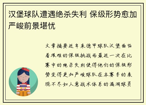 汉堡球队遭遇绝杀失利 保级形势愈加严峻前景堪忧