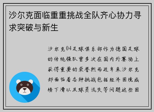 沙尔克面临重重挑战全队齐心协力寻求突破与新生