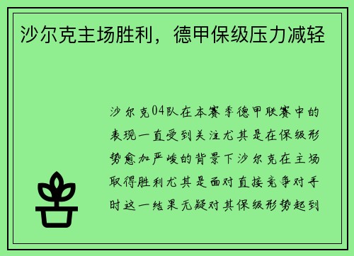 沙尔克主场胜利，德甲保级压力减轻