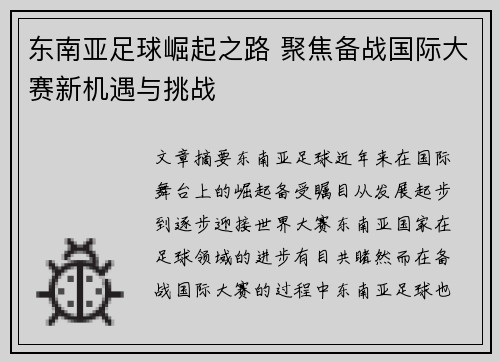东南亚足球崛起之路 聚焦备战国际大赛新机遇与挑战