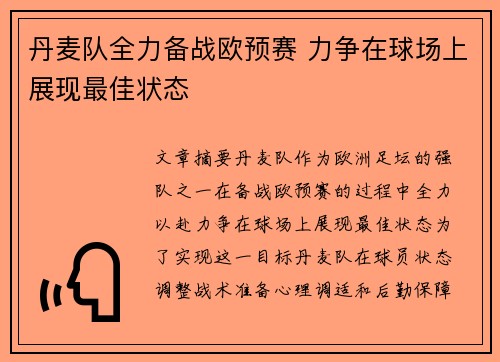 丹麦队全力备战欧预赛 力争在球场上展现最佳状态