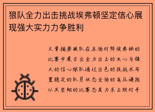 狼队全力出击挑战埃弗顿坚定信心展现强大实力力争胜利