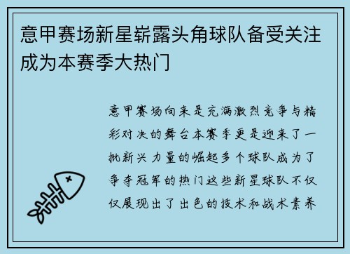 意甲赛场新星崭露头角球队备受关注成为本赛季大热门