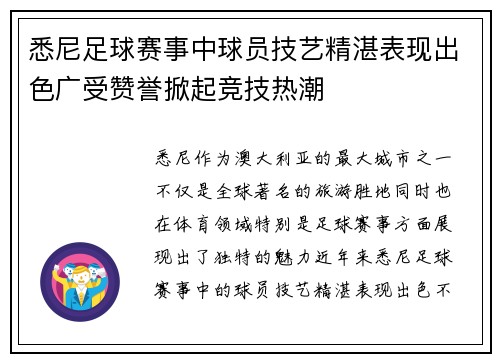 悉尼足球赛事中球员技艺精湛表现出色广受赞誉掀起竞技热潮