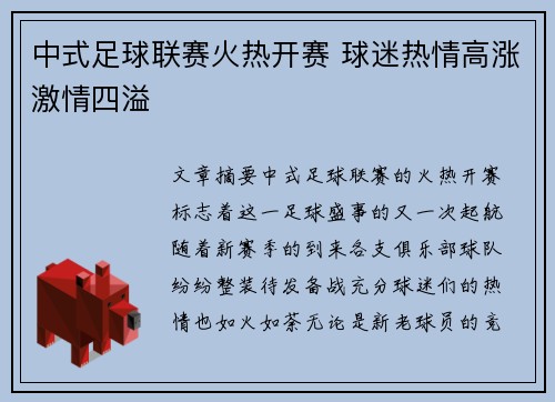 中式足球联赛火热开赛 球迷热情高涨激情四溢