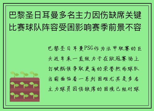 巴黎圣日耳曼多名主力因伤缺席关键比赛球队阵容受困影响赛季前景不容乐观